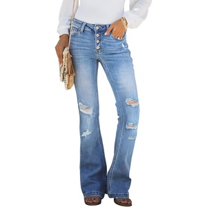 image:imageSidefeel Women Destroyed Raw Hem Washed Jeans Distressed Slim Fit Denim PantsLight Blue