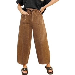 image:imageSidefeel Womens Baggy Wide Leg Jeans Elastic Waist Drawstring Front Seam Ankle High Waisted Barrel JeansBrown