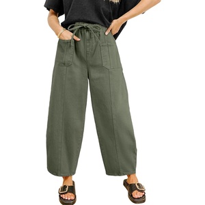 image:imageSidefeel Womens Baggy Wide Leg Jeans Elastic Waist Drawstring Front Seam Ankle High Waisted Barrel JeansGreen