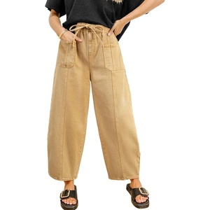 image:imageSidefeel Womens Baggy Wide Leg Jeans Elastic Waist Drawstring Front Seam Ankle High Waisted Barrel JeansKhaki