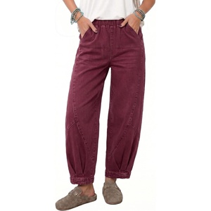 image:imageSidefeel Womens Barrel Jeans High Waisted Elastic Stretchy Baggy Wide Leg Jeans Trendy Patchwork Loose Ankle Denim PantsBurgundy