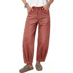 image:imageSidefeel Womens Barrel Jeans High Waisted Elastic Stretchy Baggy Wide Leg Jeans Trendy Patchwork Loose Ankle Denim PantsMineral Red