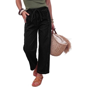 image:imageSidefeel Womens Barrel Jeans High Waisted Stretchy Drawstring Ankle Tapered Denim Pants with PocketsBlack