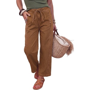 image:imageSidefeel Womens Barrel Jeans High Waisted Stretchy Drawstring Ankle Tapered Denim Pants with PocketsBrown