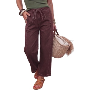 image:imageSidefeel Womens Barrel Jeans High Waisted Stretchy Drawstring Ankle Tapered Denim Pants with PocketsChicory Coffee