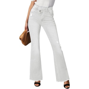 image:imageSidefeel Womens Bell Bottom Flare Jeans High Waisted Stretchy Ripped Distressed Raw Hem Denim Pants with PocketsWhite