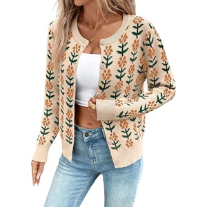image:imageSidefeel Womens Button Down Cardigan Sweater Long Sleeve Cute Floral Printed Cropped Sweater CoatsApricot