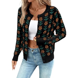 image:imageSidefeel Womens Button Down Cardigan Sweater Long Sleeve Cute Floral Printed Cropped Sweater CoatsBlack