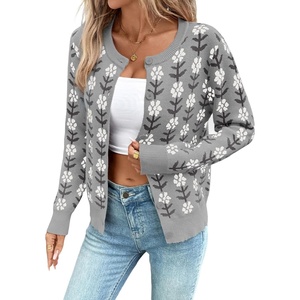 image:imageSidefeel Womens Button Down Cardigan Sweater Long Sleeve Cute Floral Printed Cropped Sweater CoatsGray