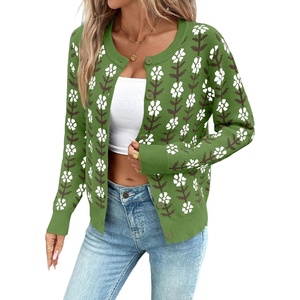image:imageSidefeel Womens Button Down Cardigan Sweater Long Sleeve Cute Floral Printed Cropped Sweater CoatsGreen