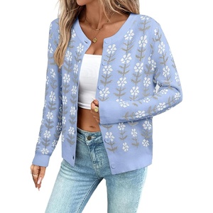 image:imageSidefeel Womens Button Down Cardigan Sweater Long Sleeve Cute Floral Printed Cropped Sweater CoatsSky Blue