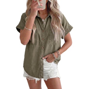 image:imageSidefeel Womens Button Down Denim Shirt Collared Short Sleeve Jean Shirt Blouse with PocketsGreen