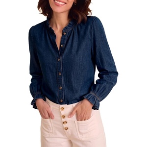 image:imageSidefeel Womens Button Down Denim Shirts Long Sleeve Ruffle Jean Shirts Blouse TopBluing
