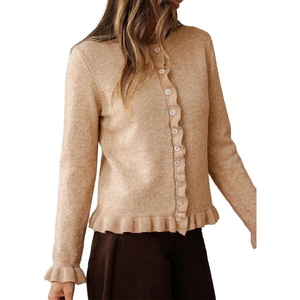 image:imageSidefeel Womens Button Up Cardigan Sweaters Open Front Long Sleeve Crewneck Ruffle Sweater CoatsApricot Pink