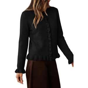 image:imageSidefeel Womens Button Up Cardigan Sweaters Open Front Long Sleeve Crewneck Ruffle Sweater CoatsBlack