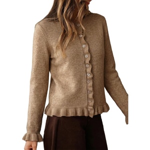 image:imageSidefeel Womens Button Up Cardigan Sweaters Open Front Long Sleeve Crewneck Ruffle Sweater CoatsDark Khaki
