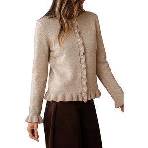 image:imageSidefeel Womens Button Up Cardigan Sweaters Open Front Long Sleeve Crewneck Ruffle Sweater CoatsJet Stream