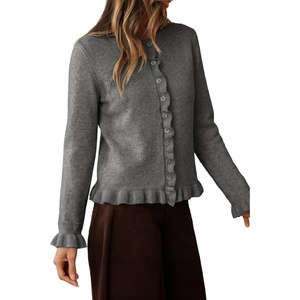 image:imageSidefeel Womens Button Up Cardigan Sweaters Open Front Long Sleeve Crewneck Ruffle Sweater CoatsMedium Grey