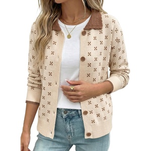 image:imageSidefeel Womens Button Up Open Front Cardigan Sweaters Long Sleeve Collared Printed Knit Sweater CoatsApricot