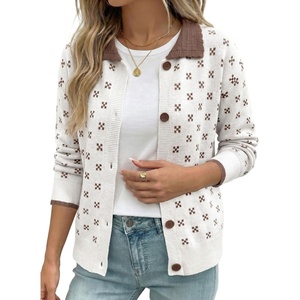 image:imageSidefeel Womens Button Up Open Front Cardigan Sweaters Long Sleeve Collared Printed Knit Sweater CoatsWhite
