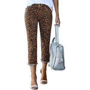 image:imageSidefeel Womens Capri Jeans High Waisted Summer Fashion Straight Leg Raw Hem Denim Capri PantsLeopard Brown