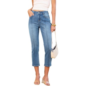 image:imageSidefeel Womens Capri Jeans Mid Rise Skinny Stretchy Front Seam Capri Leggings Denim PantsLight Blue