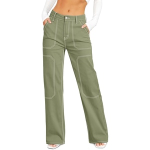 image:imageSidefeel Womens Cargo Jeans Casual Loose Mid Rise Wide Leg Denim PantsGrass Green