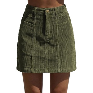 image:imageSidefeel Womens Corduroy Skirt 2026 High Waist Button Stretch Knee Length Skirt with Big PocketsGreen