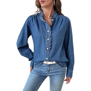 image:imageSidefeel Womens Denim Shirt Button Down Long Sleeve Ruffled Edge Jean Blouses TopsDark Blue