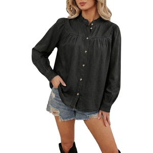 image:imageSidefeel Womens Denim Shirt Button Down Long Sleeve Ruffled Edge Trendy Jean Shackets Blouses TopsBlack