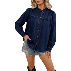 image:imageSidefeel Womens Denim Shirt Button Down Long Sleeve Ruffled Edge Trendy Jean Shackets Blouses TopsDark Blue