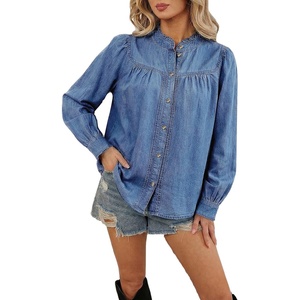 image:imageSidefeel Womens Denim Shirt Button Down Long Sleeve Ruffled Edge Trendy Jean Shackets Blouses TopsLight Blue