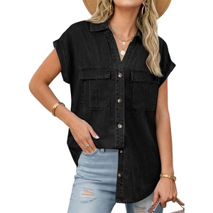 image:imageSidefeel Womens Denim Shirt Button Down V Neck Short Sleeve Jean Shirts Trendy Casual Loose Denim Tops with Oversized FitBlack