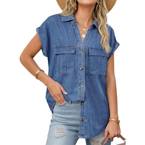 image:imageSidefeel Womens Denim Shirt Button Down V Neck Short Sleeve Jean Shirts Trendy Casual Loose Denim Tops with Oversized FitLight Blue