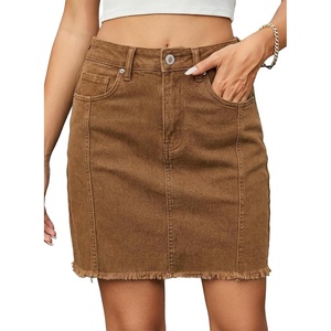 image:imageSidefeel Womens Denim Skirt Casual Stretch High Waist Raw Hem Zip Fly Jean Skirt for WomenBrown