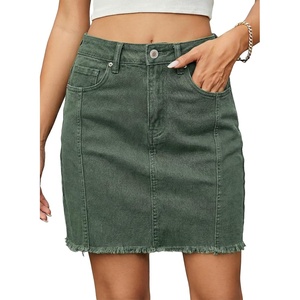 image:imageSidefeel Womens Denim Skirt Casual Stretch High Waist Raw Hem Zip Fly Jean Skirt for WomenGreen