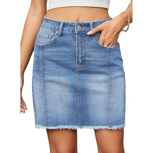 image:imageSidefeel Womens Denim Skirt Casual Stretch High Waist Raw Hem Zip Fly Jean Skirt for WomenIceland Blue