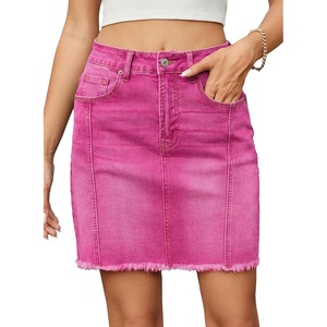 image:imageSidefeel Womens Denim Skirt Casual Stretch High Waist Raw Hem Zip Fly Jean Skirt for WomenRose Red