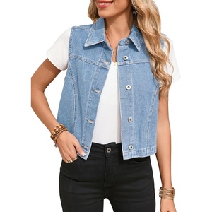 image:imageSidefeel Womens Denim Vest Sleeveless Collared Crop Jean Vest Top Button Down WaistcoatIceland Blue