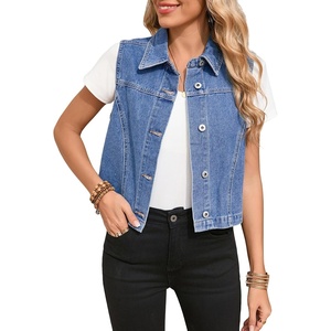 image:imageSidefeel Womens Denim Vest Sleeveless Collared Crop Jean Vest Top Button Down WaistcoatLight Blue