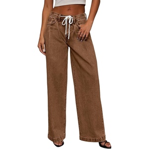 image:imageSidefeel Womens Drawstring Jeans Wide Leg High Waisted Baggy Stretchy Elastic Waist Sweatpant JeansBrown