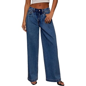 image:imageSidefeel Womens Drawstring Jeans Wide Leg High Waisted Baggy Stretchy Elastic Waist Sweatpant JeansDark Blue