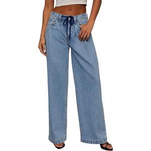 image:imageSidefeel Womens Drawstring Jeans Wide Leg High Waisted Baggy Stretchy Elastic Waist Sweatpant JeansSky Blue