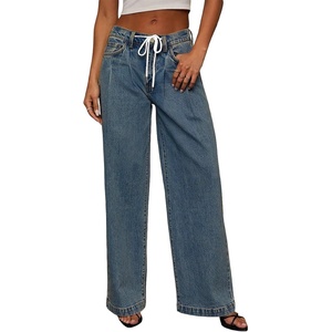 image:imageSidefeel Womens Drawstring Jeans Wide Leg High Waisted Baggy Stretchy Elastic Waist Sweatpant JeansVintage Blue