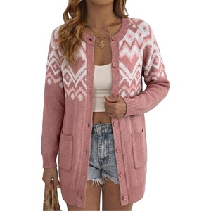 image:imageSidefeel Womens Fair Isle Sweater Long Sleeve Button Up Cardigan with PocketsPink