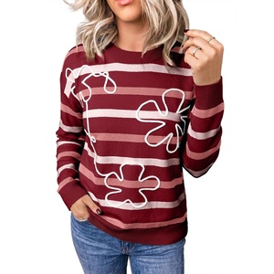 image:imageSidefeel Womens Floral Sweaters Long Sleeve Crewneck Striped 3D Flower Knit Loose Pullover Sweater Going Out TopsRed Stripe