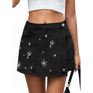 image:imageSidefeel Womens High Waisted Jean Shorts Stretchy Floral Mini Embroidered Wrap Denim Skort with PocketsBlack