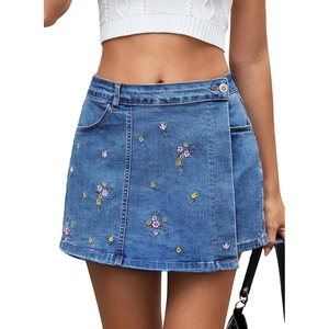 image:imageSidefeel Womens High Waisted Jean Shorts Stretchy Floral Mini Embroidered Wrap Denim Skort with PocketsLight Blue