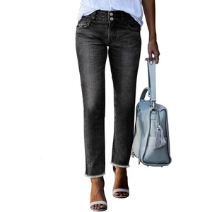 image:imageSidefeel Womens High Waisted Jeans Strechy Fashion Raw Hem Straight Leg Ankle Denim Pants with PocketsBlack