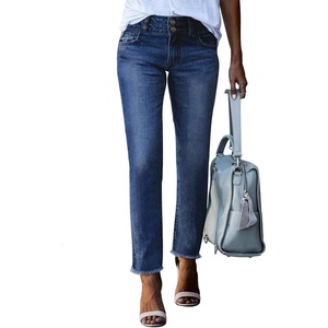image:imageSidefeel Womens High Waisted Jeans Strechy Fashion Raw Hem Straight Leg Ankle Denim Pants with PocketsBluing